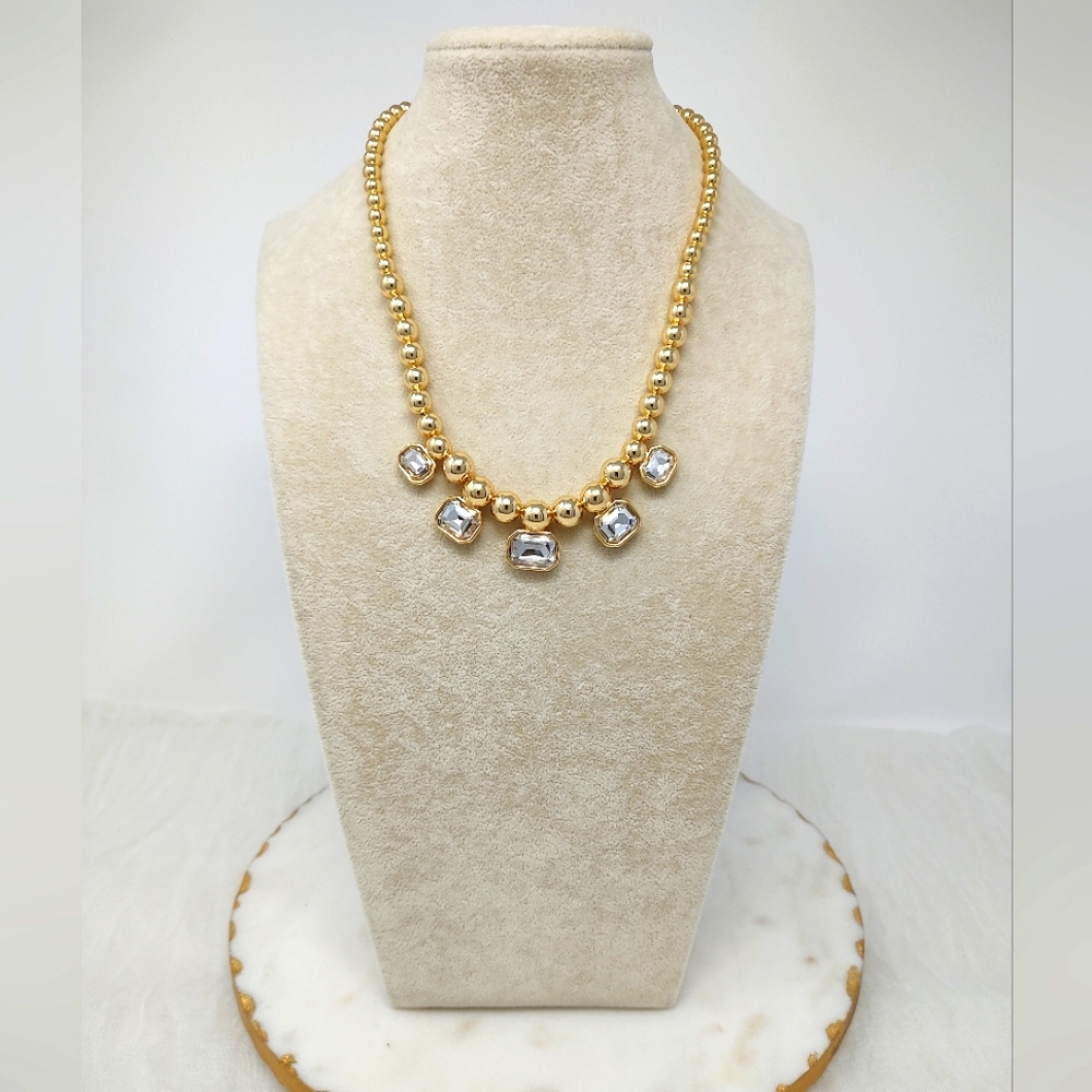 NWT Aqua Gold Round Beaded Necklace with Silver Rhinestone Accents